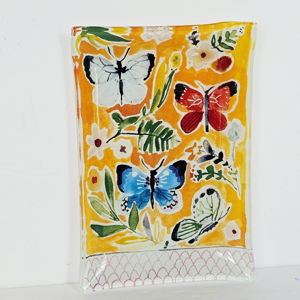 Butterfly Floral Glass Trinket Dish Yellow Rectangular Vanity Tray Decor - Picture 2 of 8